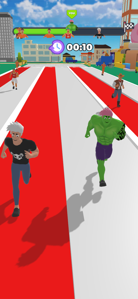 Ein muskulöser grüner Charakter rast auf einer rot-weißen Strecke gegen andere Spieler