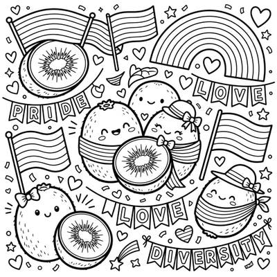 Dive into a delightful world where adorable kiwis celebrate Pride with joy and color. This charming coloring page features kawaii kiwis amidst rainbows, flags, and banners proclaiming love and diversity.