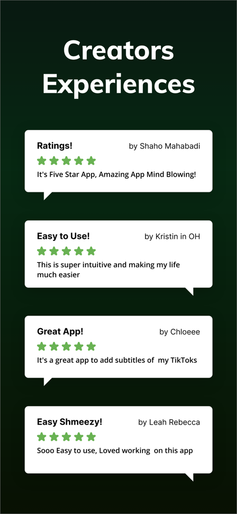 MixBit: Subtitles for Videos - Positive five-star user reviews and testimonials for the MixBit video subtitle app showing creator experiences.