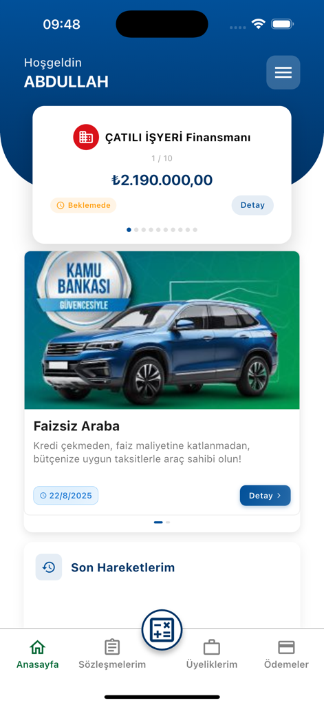 Emlak Katılım Tasarruf Finans - Home screen of the Emlak Katilim Tasarruf Finans app showing interest-free financing options for cars and workplaces