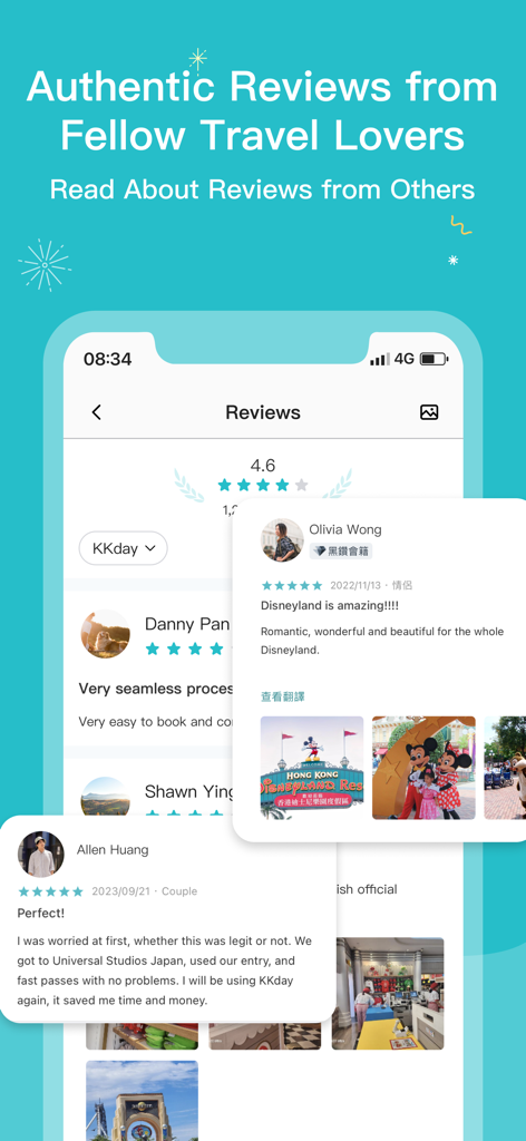 KKday app interface displaying authentic user reviews and ratings for travel experiences