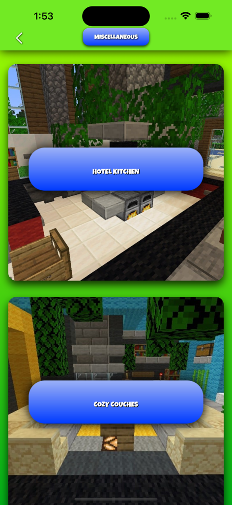 Furniture for Minecraft - Captura de pantalla de la aplicación Mobiliario para Minecraft mostrando categorías de construcción para un hotel, cocina y sofás acogedores