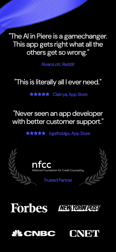 Piere: Budget, Save, Plan - User testimonials and media mentions for the Piere personal finance app including Forbes and CNBC