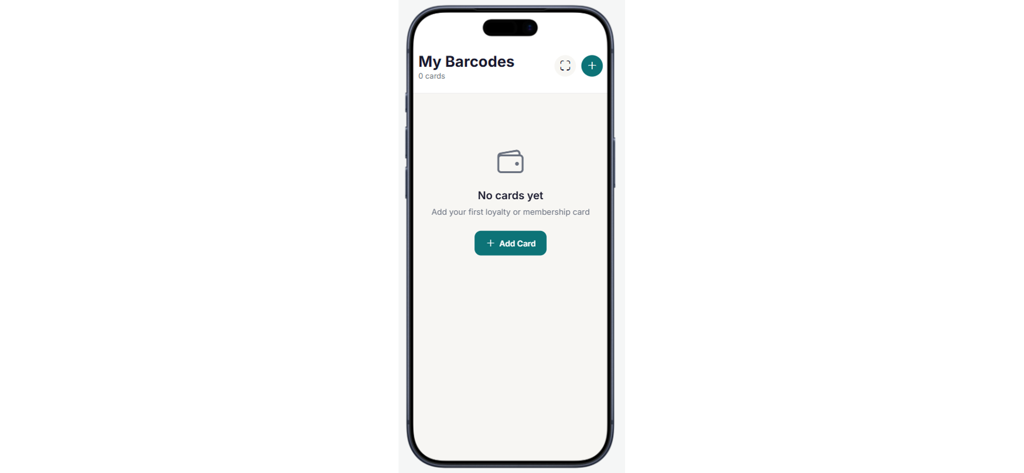 My Barcode Cards - Initial screen of the My Barcode Cards app with a button to add a loyalty or membership card