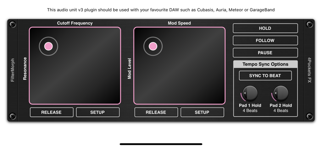 User interface of the FilterMorph AUv3 plugin featuring dual XY touchpads for cutoff frequency and modulation control.
