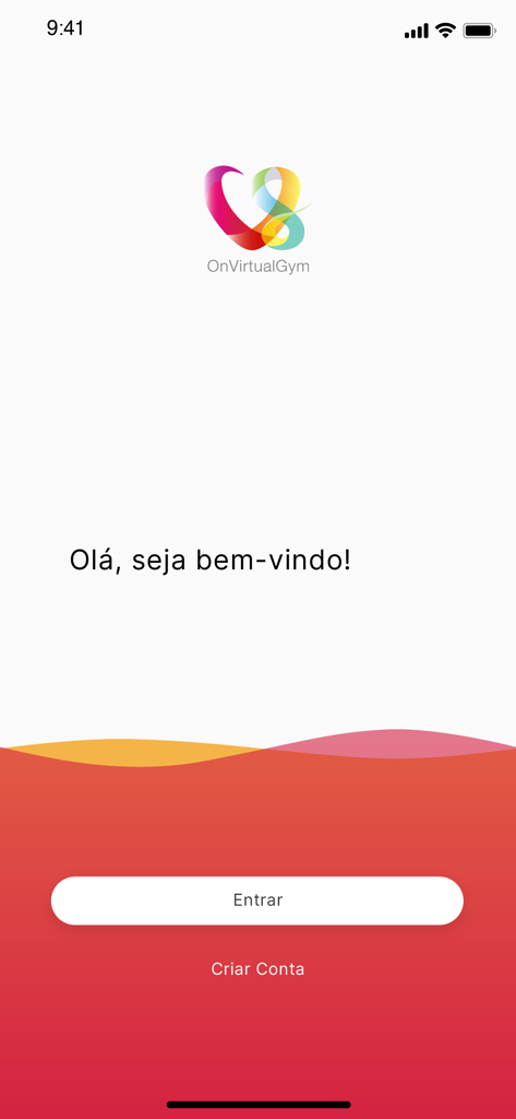 OnVirtualGym mobile app welcome screen featuring the logo and login buttons