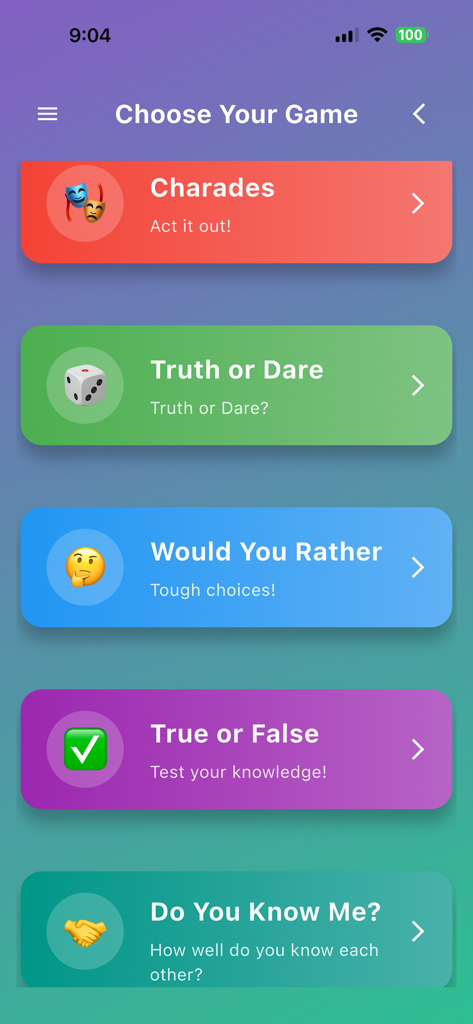1 2 3 4 5 Players Party Games - Menú de la aplicación móvil que muestra opciones de juego como Charadas Verdad o Consecuencia y ¿Qué Preferirías?