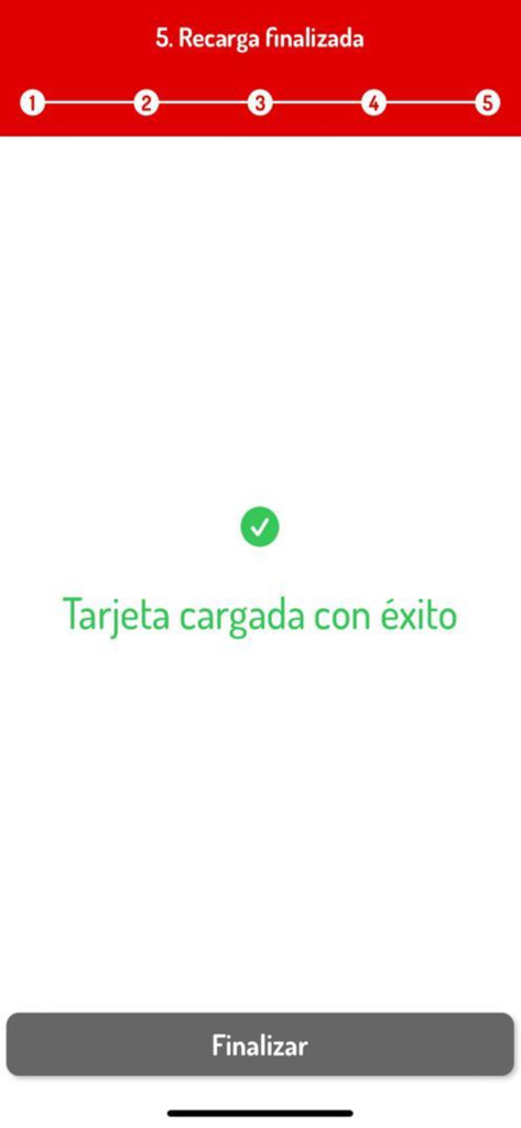 Success screen of the Tarjeta Transporte app showing a green checkmark and confirming the transport card has been successfully reloaded.