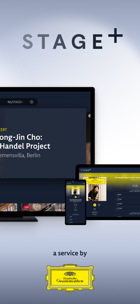 STAGE+ Stream Classical Music - STAGE+ classical music streaming app interface on television tablet and smartphone