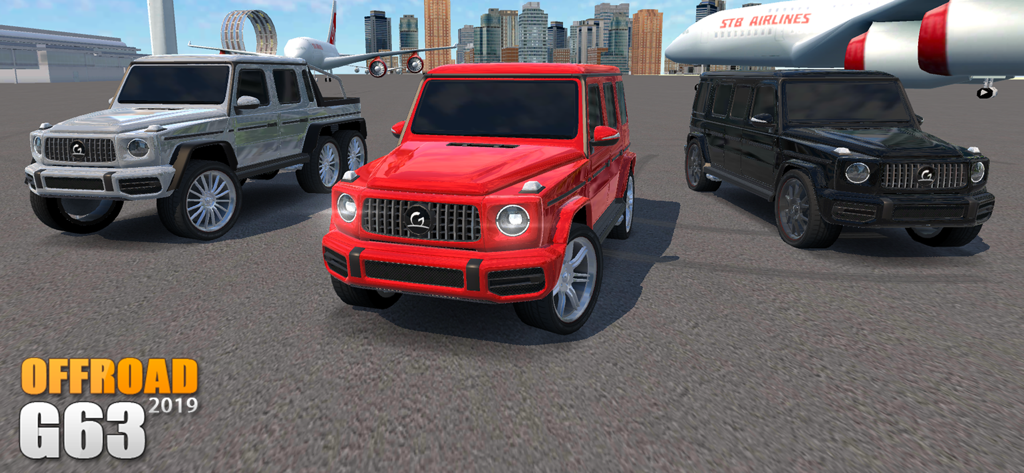 Offroad G63 - Three customized G-Class luxury SUVs parked at an airport in the Offroad G63 game