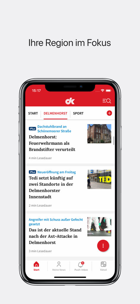 dk News - Captura de pantalla de la aplicación dk News en un iPhone mostrando titulares locales de Delmenhorst