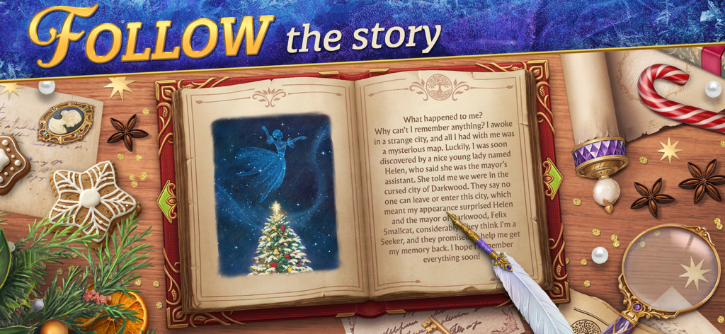 Seekers Notes: Hidden Objects - An open antique book with a story text and a Christmas illustration on a festive desk with a feather pen