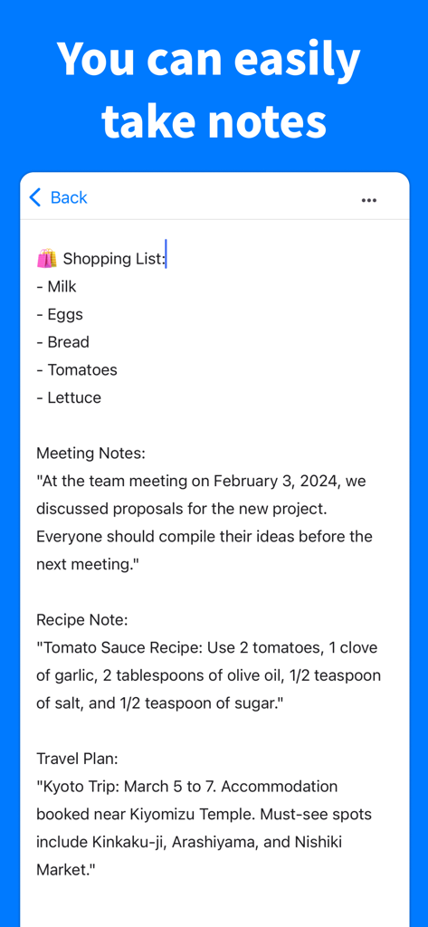 Simple Notes - Take notes - A mobile app interface showing a text note with a shopping list and meeting notes