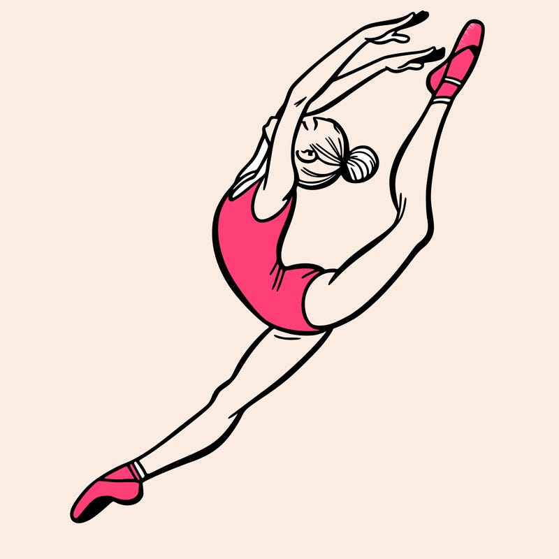 gymnast doing a leap in a leotard with a bent back leg