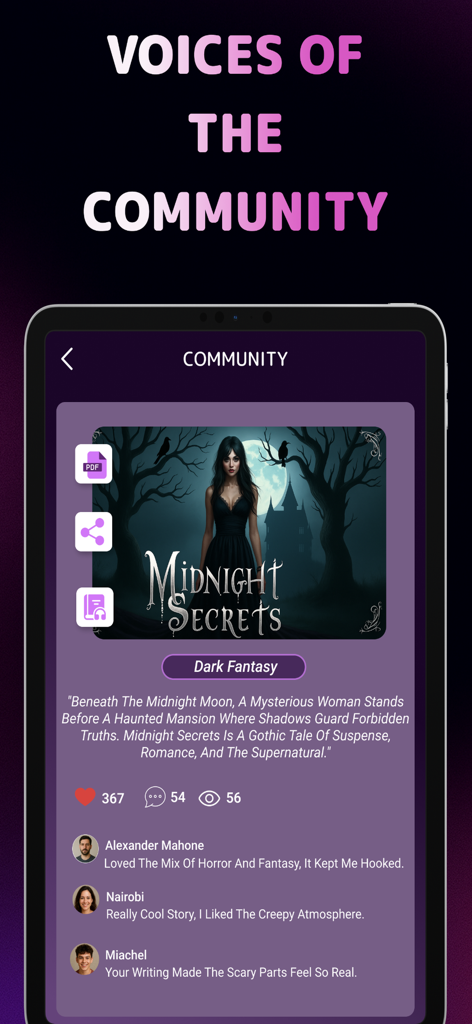 AI Story Generator Novel Maker - Community feedback section in the AI Story Generator app featuring reader reviews for a dark fantasy novel