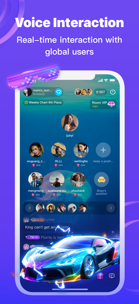 Chati-chat&game - Chati app interface showing real-time voice interaction in a group chat room with global users and social gaming features