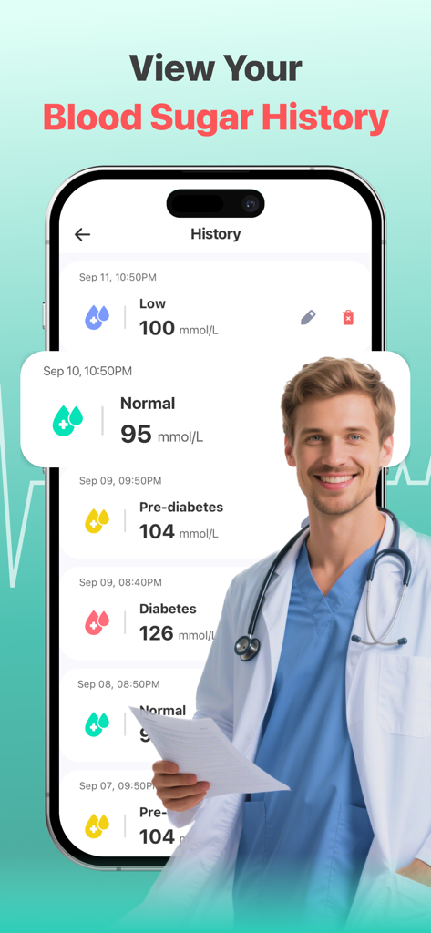 Interface de aplicativo móvel exibindo uma lista de registros de histórico de glicose no sangue com categorias de status como normal e pré-diabetes ao lado de uma ilustração de médico.