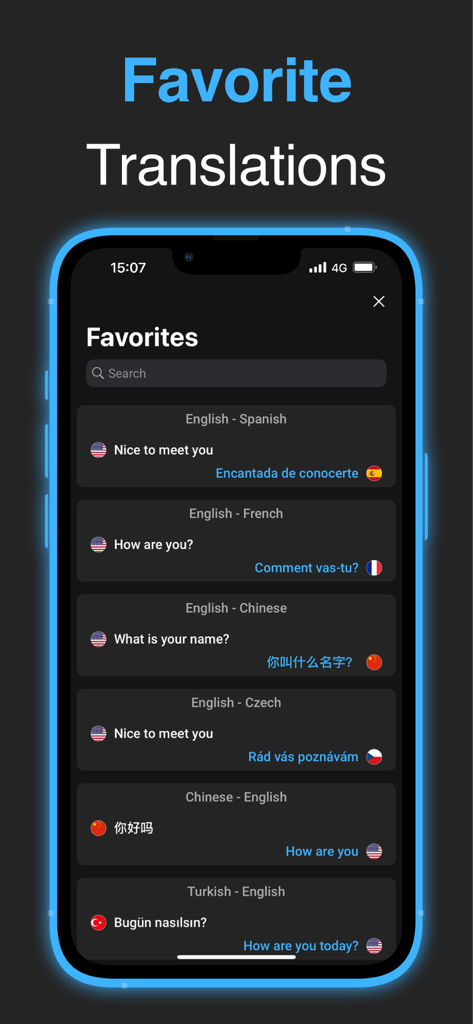 Camera Translator from Adapps - Ein Bildschirm in der App, der eine Liste gespeicherter bevorzugter Übersetzungen in mehreren Sprachen wie Spanisch, Französisch und Chinesisch zeigt