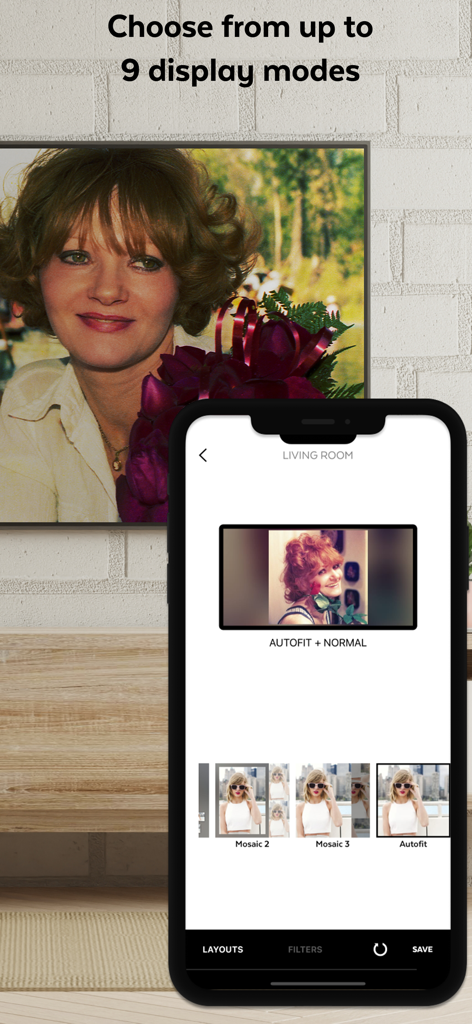 A smartphone showing the Pixo app interface with different photo display layout options for a TV
