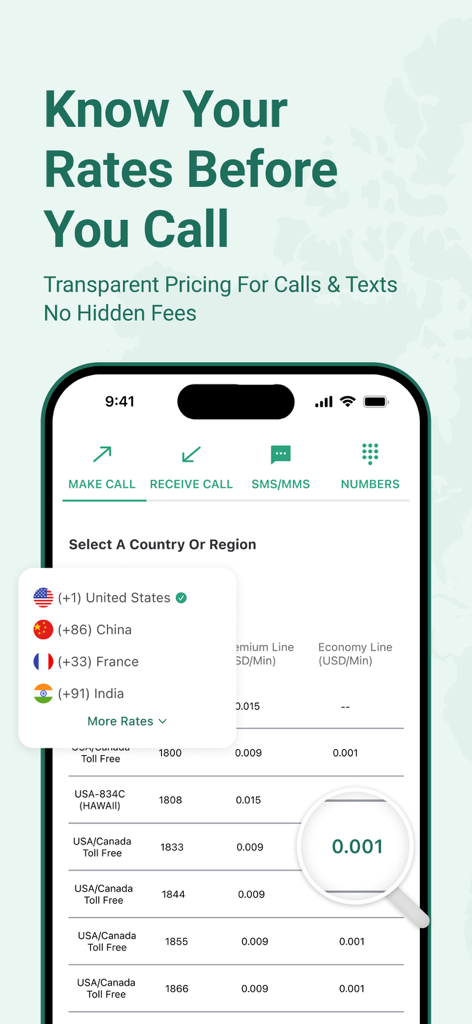 WeTalk app screen displaying transparent international calling rates and pricing for various countries