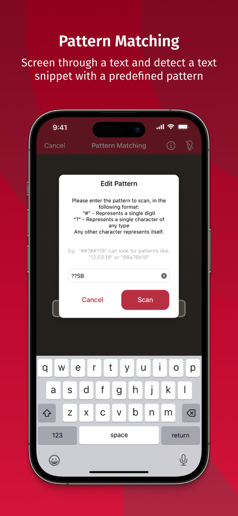 Scanbot SDK app showing pattern matching feature for custom text snippet extraction