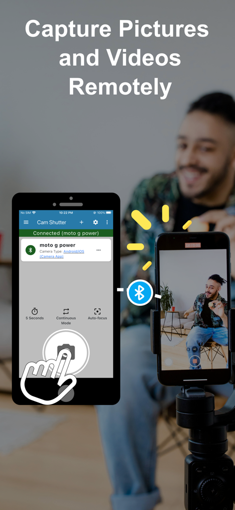 Cam Shutter - Smartphone using Cam Shutter app to remotely control a camera on a tripod for a solo content creator via Bluetooth.