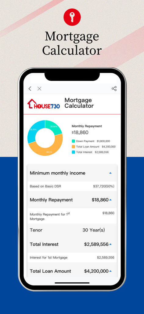 House730 - Search HK Property - House730 app mortgage calculator showing monthly repayment and loan breakdown for Hong Kong property