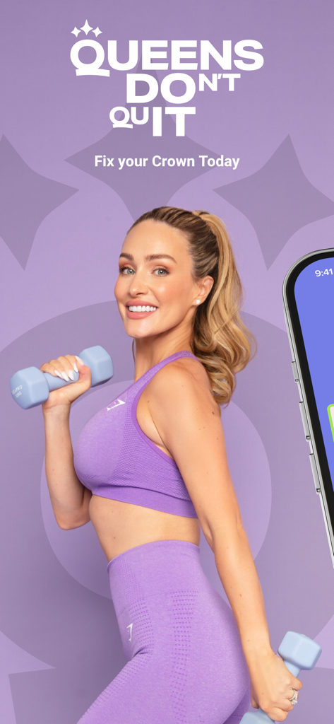 QDQ - Maeve MaddenがQueens Dont Quitアプリのイントロ画面でダンベルを持っている