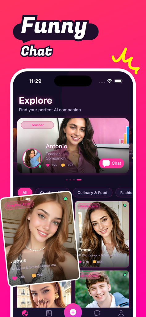 Pantalla de exploración de la aplicación Velvo mostrando varios personajes IA como Antonio y James para compañía de chat virtual.