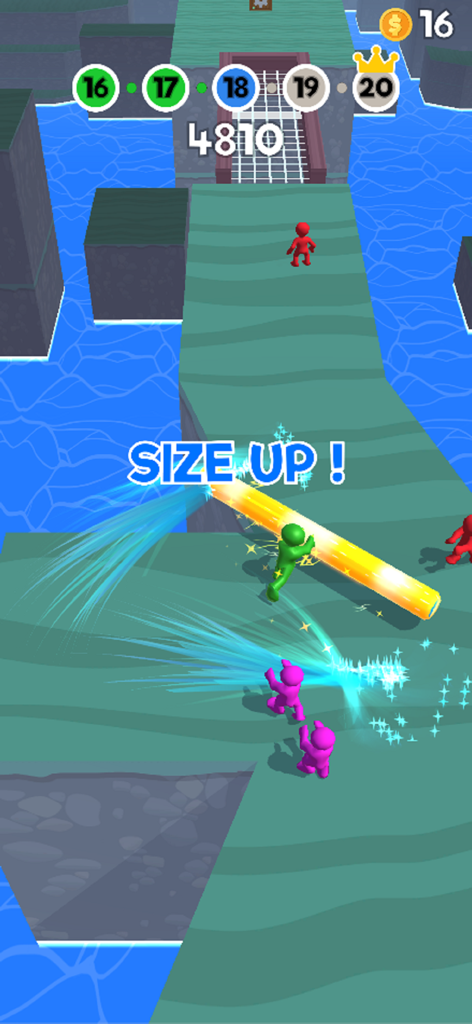 Green character using a Size Up power up to push enemies in Pushemall game