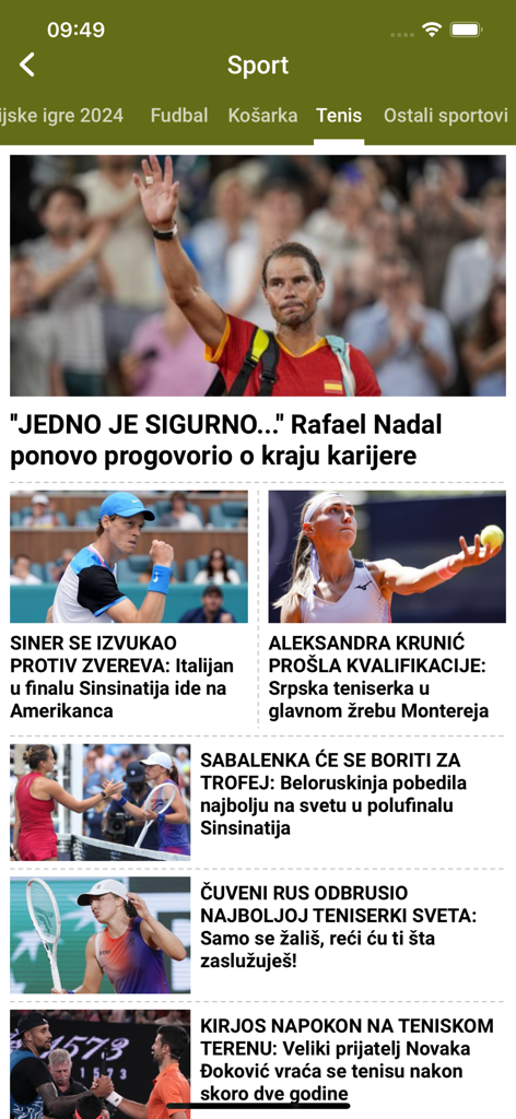 Captura de pantalla de la sección de deportes de la aplicación móvil Večernje Novosti que muestra titulares de noticias de tenis y fotos de jugadores como Rafael Nadal.