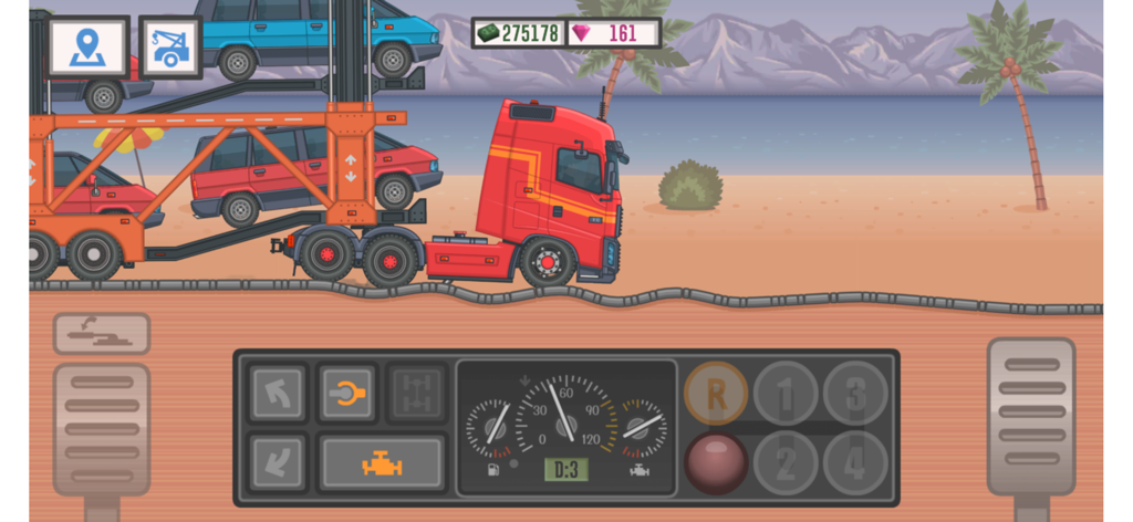 Une cabine de camion rouge transportant une remorque porte-voitures chargée de quatre véhicules sur une route côtière sablonneuse.