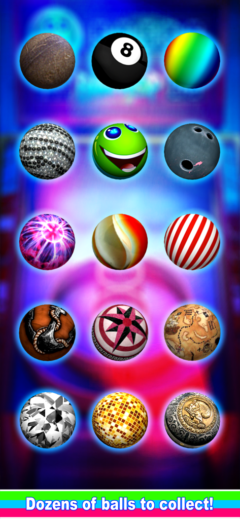 Ball-Hop Bowling - A collection of colorful and themed bowling balls displayed in a grid for players to unlock.