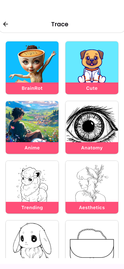 Pantalla de la aplicación AR Drawing mostrando varias categorías de calco, incluyendo Anime, Anatomía y Estética.