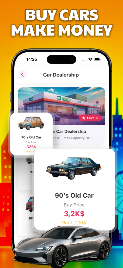 Business Game - Life Simulator - Mobile game screen showing car dealership options to buy and rent cars for profit in Business Life Simulator