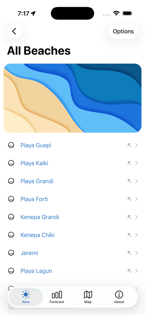 Curaçao Weather & Beaches - A list of Curaçao beaches including Playa Kalki and Kenepa Grandi on a mobile app screen