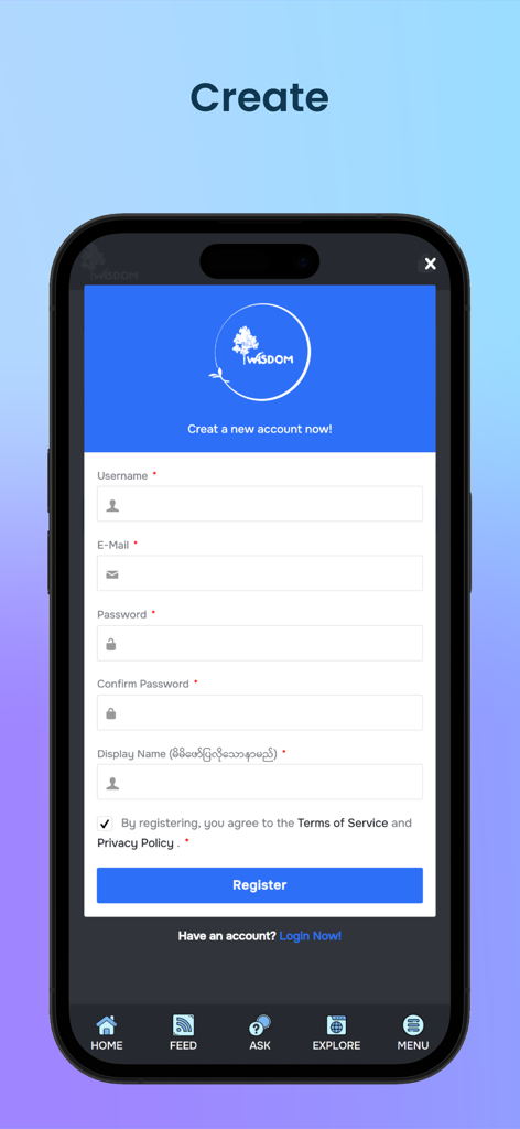 Interfaz de creación de cuenta de usuario para la aplicación de intercambio de conocimientos Wisdom Garden.