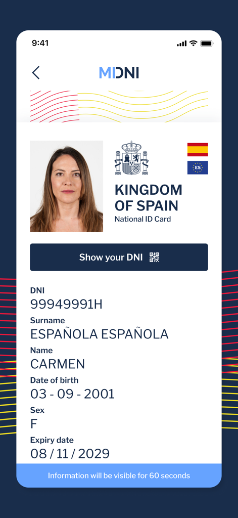 Interfaz de la app MiDNI mostrando una tarjeta de DNI digital española con foto y detalles de identificación.