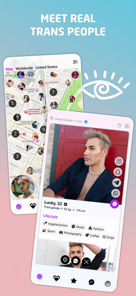 TRANSLOVE - Transgender Dating - Captures d'écran de l'application TRANSLOVE montrant une carte d'utilisateurs locaux et un profil de personne détaillé avec des étiquettes de style de vie