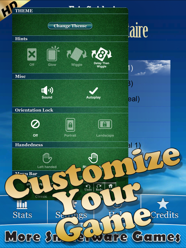Menú de configuración para Klondike Solitaire que muestra opciones para pistas, sonido, bloqueo de orientación y preferencia de mano.