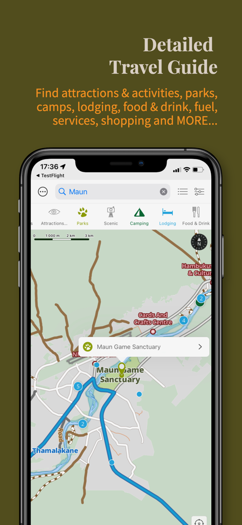 Tracks4Africa Guide - Interface da aplicação Tracks4Africa Guide a mostrar um mapa de viagem detalhado com pontos de interesse para overlanding em África.