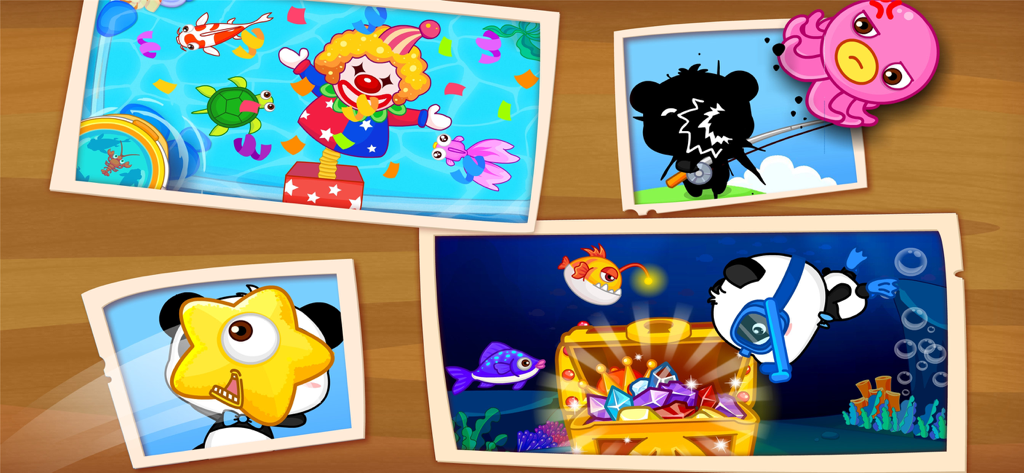 A collection of snapshots showing different gameplay scenes from the BabyBus fishing app including underwater treasure and character interactions.