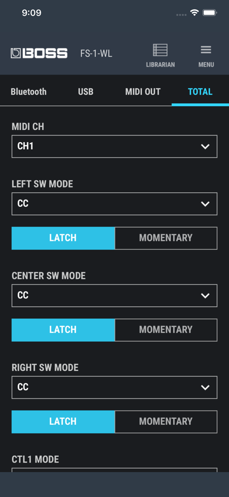 FS-1-WL Editor - Settings screen of the BOSS FS-1-WL Editor app for configuring footswitch modes and MIDI channels.