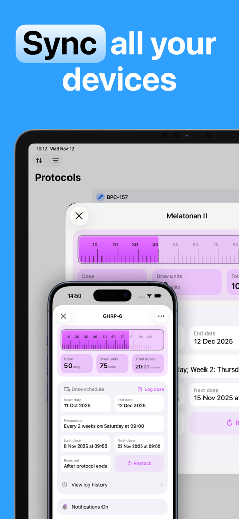 Peptide Calculator PRO app showing synchronization between iPhone and iPad with dosage tracking and protocols.