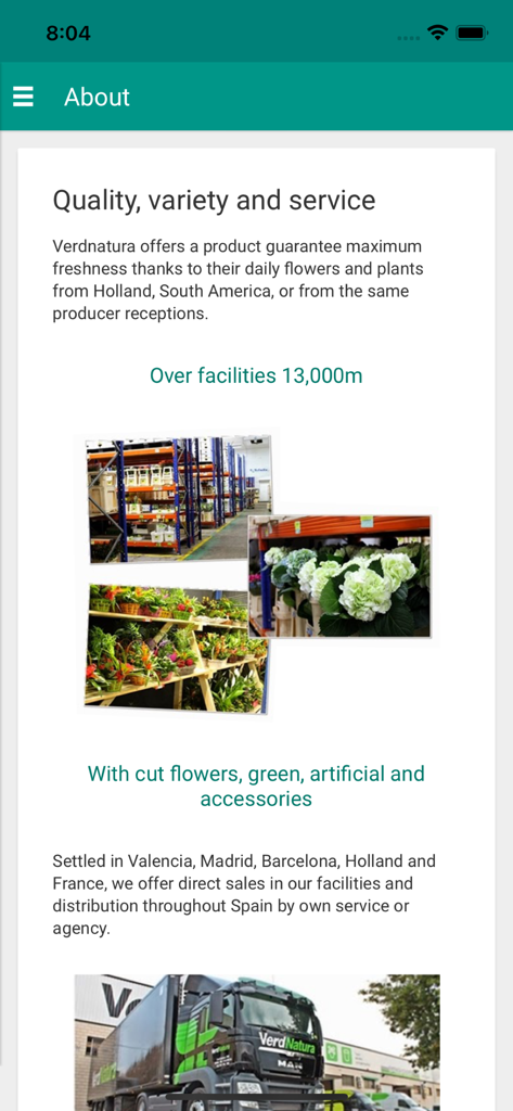Verdnatura - Page À propos de l'application Verdnatura présentant les services de vente en gros de fleurs et la logistique