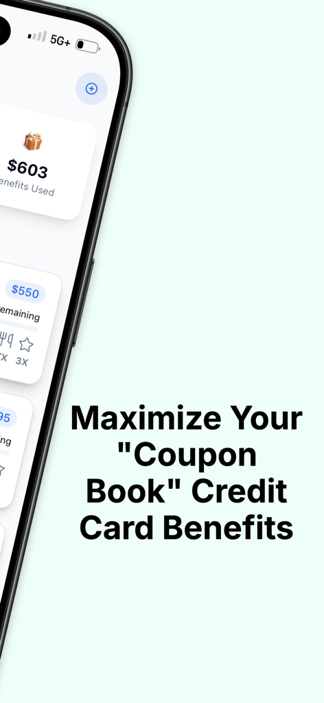 MaxWorth: AI Credit Card Tool - Una pantalla de iPhone mostrando el panel de la aplicación MaxWorth para rastrear y maximizar los beneficios del libro de cupones de tarjetas de crédito.