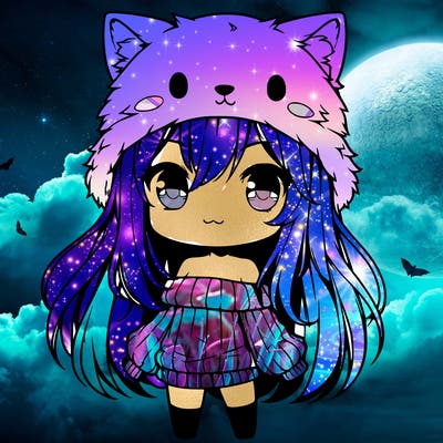 chibi girl with wolf hat, long hair and sweater off shoulders