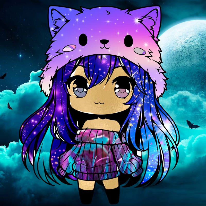 chibi girl with wolf hat, long hair and sweater off shoulders