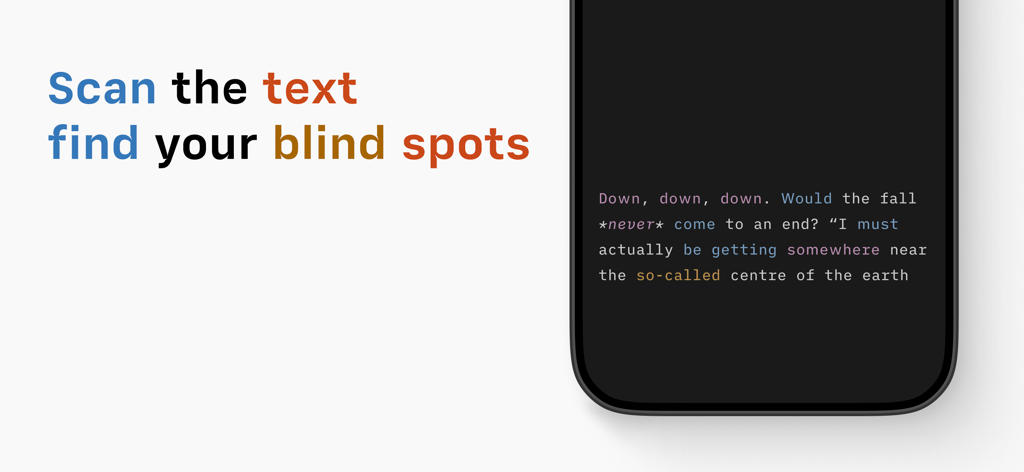 iA Writer - Recurso de análise de sintaxe do iA Writer em uma interface móvel em modo escuro
