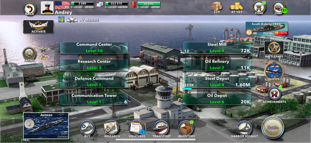 Naval Warship Tactics: Online - Base management screen in Naval Warship Tactics showing harbor buildings and resource facilities